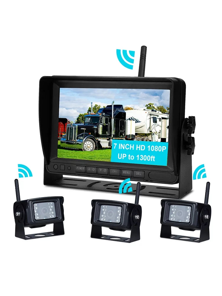 7" Display AHD 1080P Wireless 3CH Rear View Backup Camera Kit for Truck Trailer