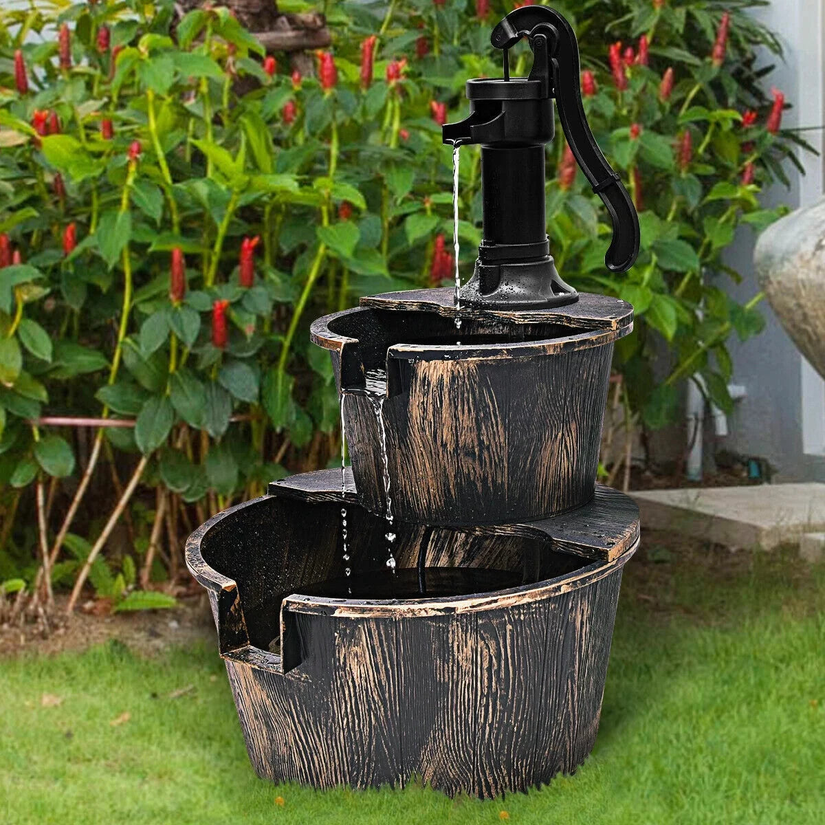 2-Tier Barrel Waterfall Fountain with Pump | Outdoor Garden Barrel Water Fountain