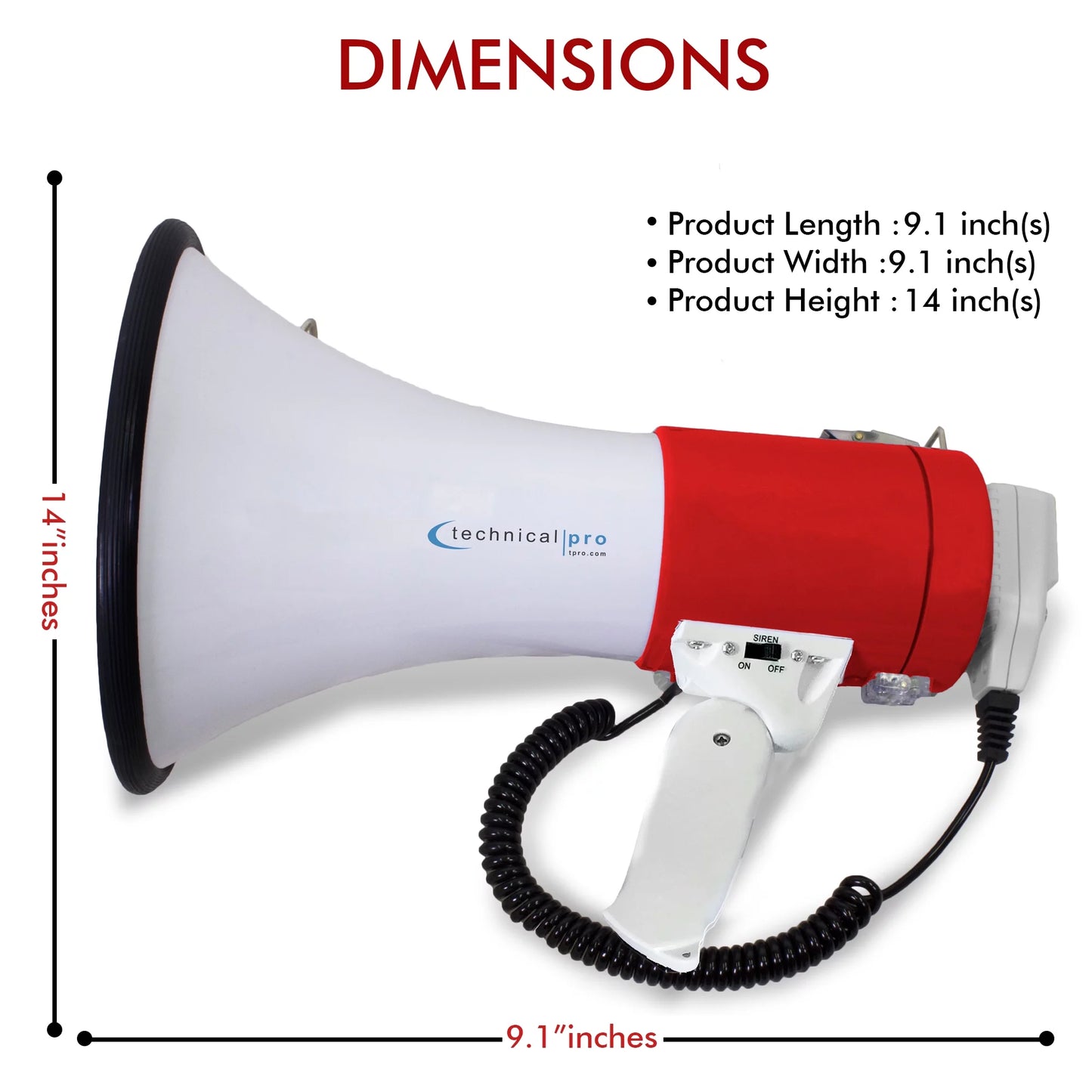 Technical Pro 75-Watt Red Megaphone Bullhorn Speaker w/ Siren, Detachable Microphone, Portable Lightweight Strap Detachable PA - Professional Outdoor Voice for Police And Cheer leading