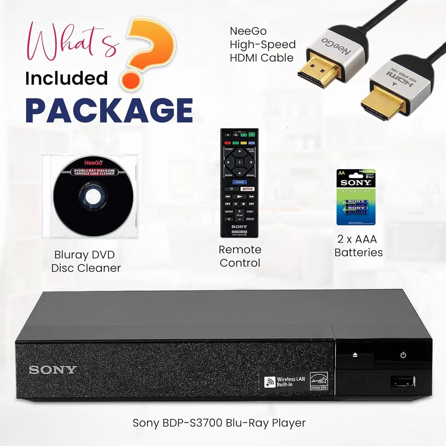 Sony BDP-S3700 Blu-Ray Disc Player with Built-in Wi-Fi - Netflix, You Tube + Remote Control + NeeGo High-Speed HDMI Cable W/Ethernet NeeGo Lens Cleaner