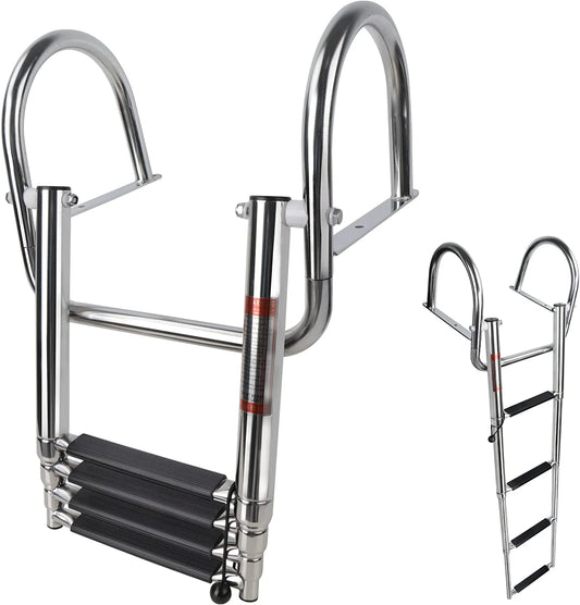 4 Step Pontoon Boat Ladder,Heavy Duty Telescoping Boat Boarding Ladder with Wide Steps, Folding Boat Swim Ladder,Dock Ladder with Hand Railings