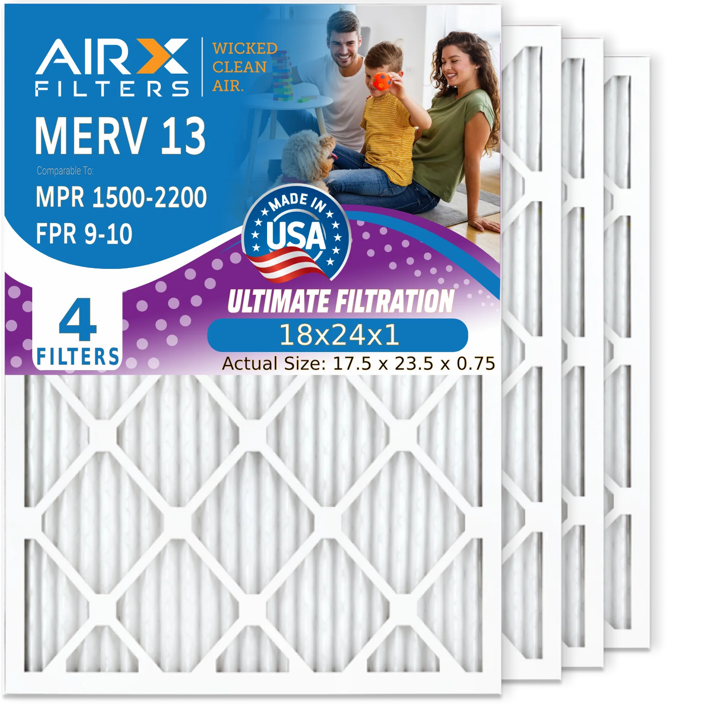 18x24x1 Air Filter MERV 13 Comparable to MPR 1500 - 2200 & FPR 9 Electrostatic Pleated Air Conditioner Filter 4 Pack HVAC AC Premium USA Made 18x24x1 Furnace Filters by AIRX FILTERS WICKED CLEAN AIR.