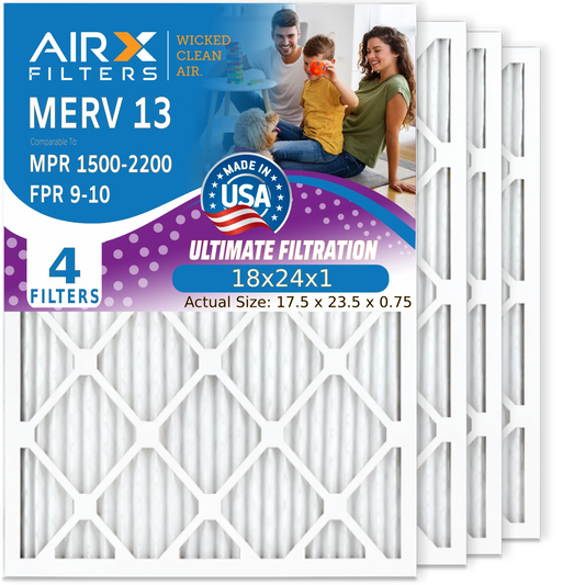 18x24x1 Air Filter MERV 13 Comparable to MPR 1500 - 2200 & FPR 9 Electrostatic Pleated Air Conditioner Filter 4 Pack HVAC AC Premium USA Made 18x24x1 Furnace Filters by AIRX FILTERS WICKED CLEAN AIR.