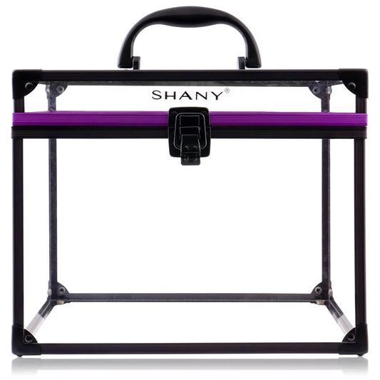 SHANY Clear Cosmetics and Toiletry Train Case - Clear Travel Makeup Bag Case Organizer with Secure Closure and Black/Purple Accents - Extra Large