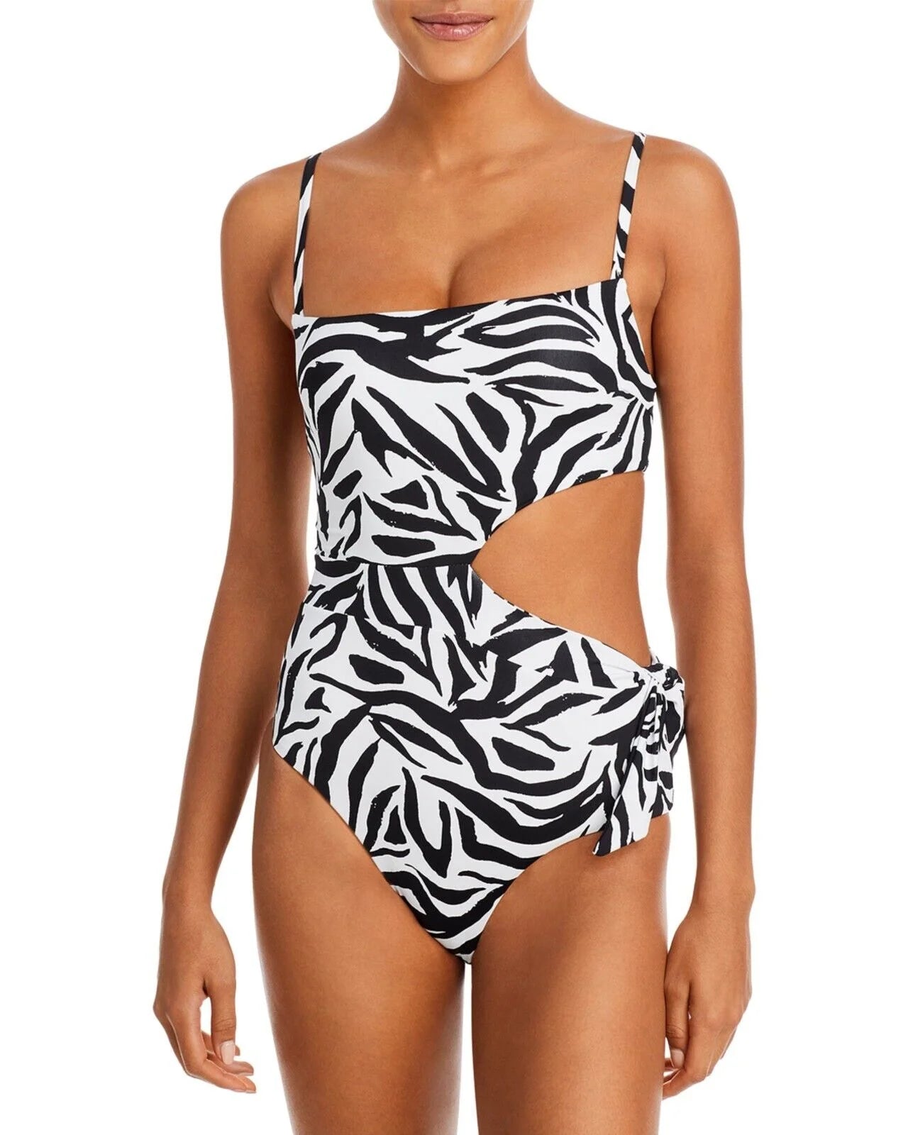 AQUA Swim Women's Sashed Cutout One Piece Swimsuit Black Zebra XL B4HP