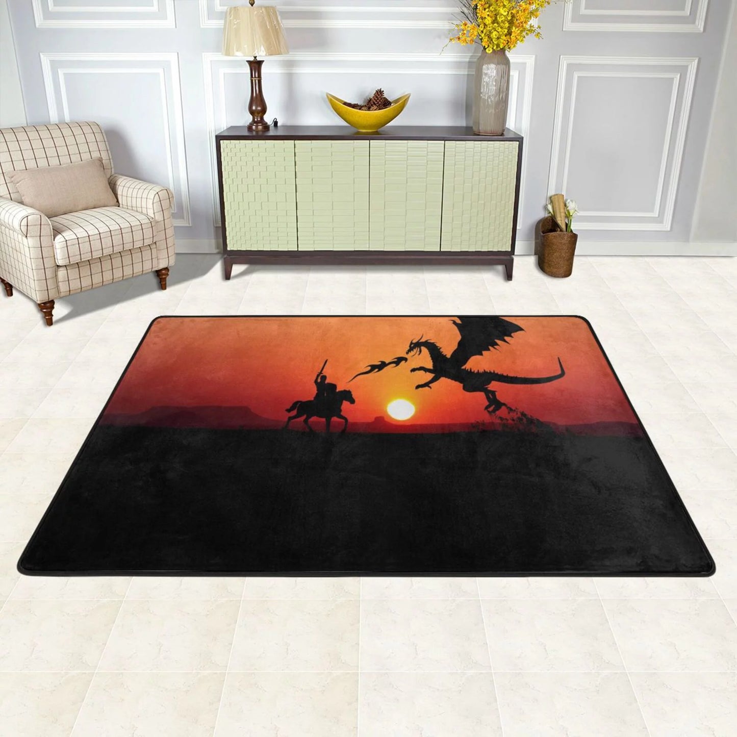 ZICANCN Sunset Dragon Knight Area Rugs Doormat , Facecloth Non-Slip Floor Mat Rug for Living Room Kitchen Sink Area Indoor Outdoor Entrance 72"x48"