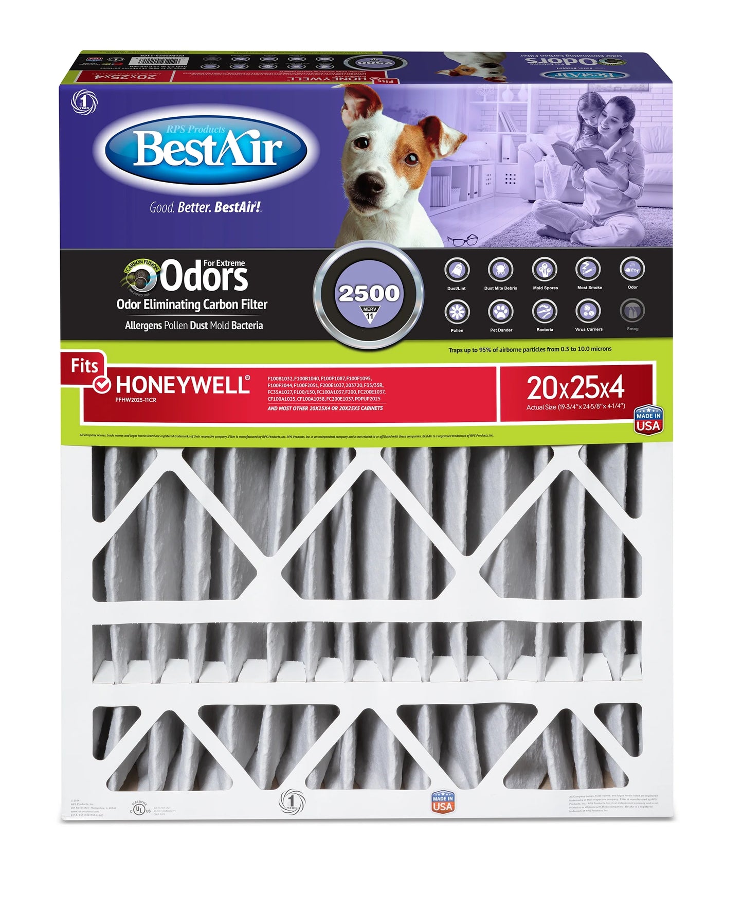 BestAir PFHW2025-11CR Carbon Infused Honeywell 20x25x4 Series 2500 MERV 11 Pet Filter