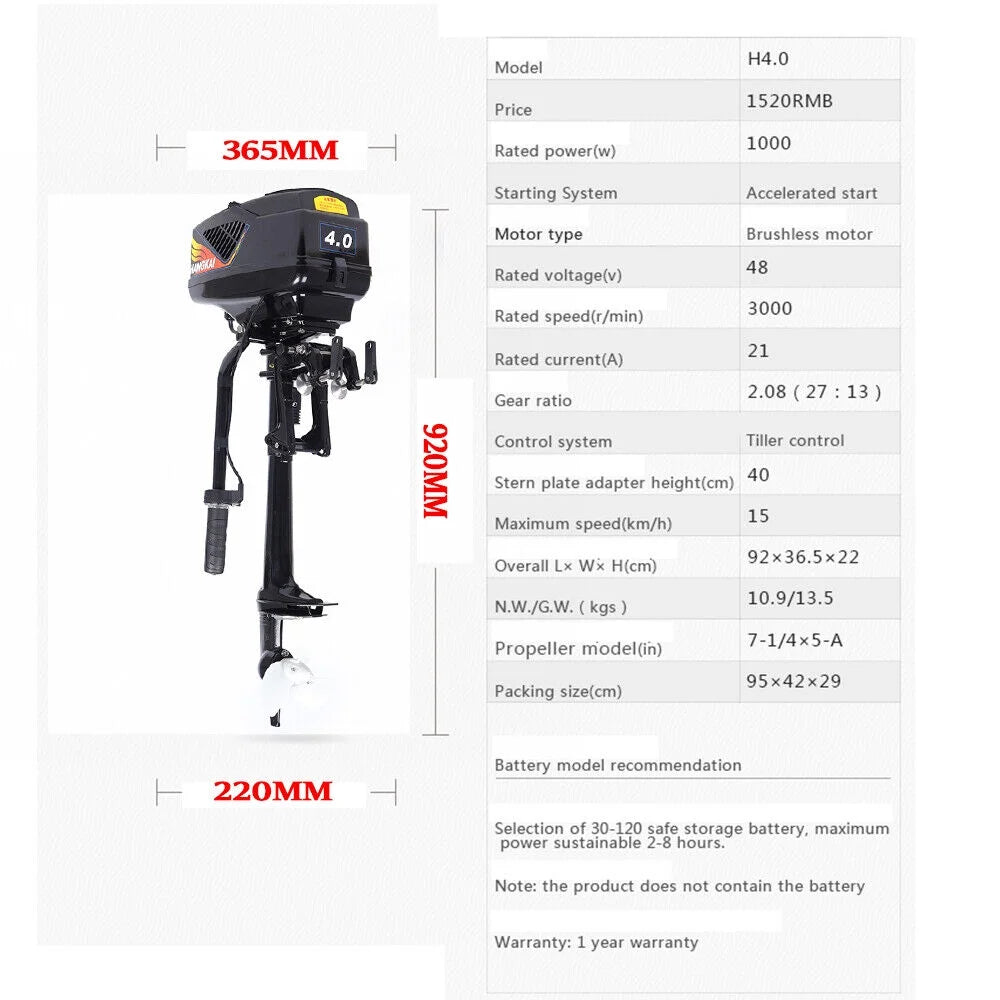 48V 1000W Electric Outboard Trolling Motor Outboard Motor Fishing Boat Engine Short Shaft