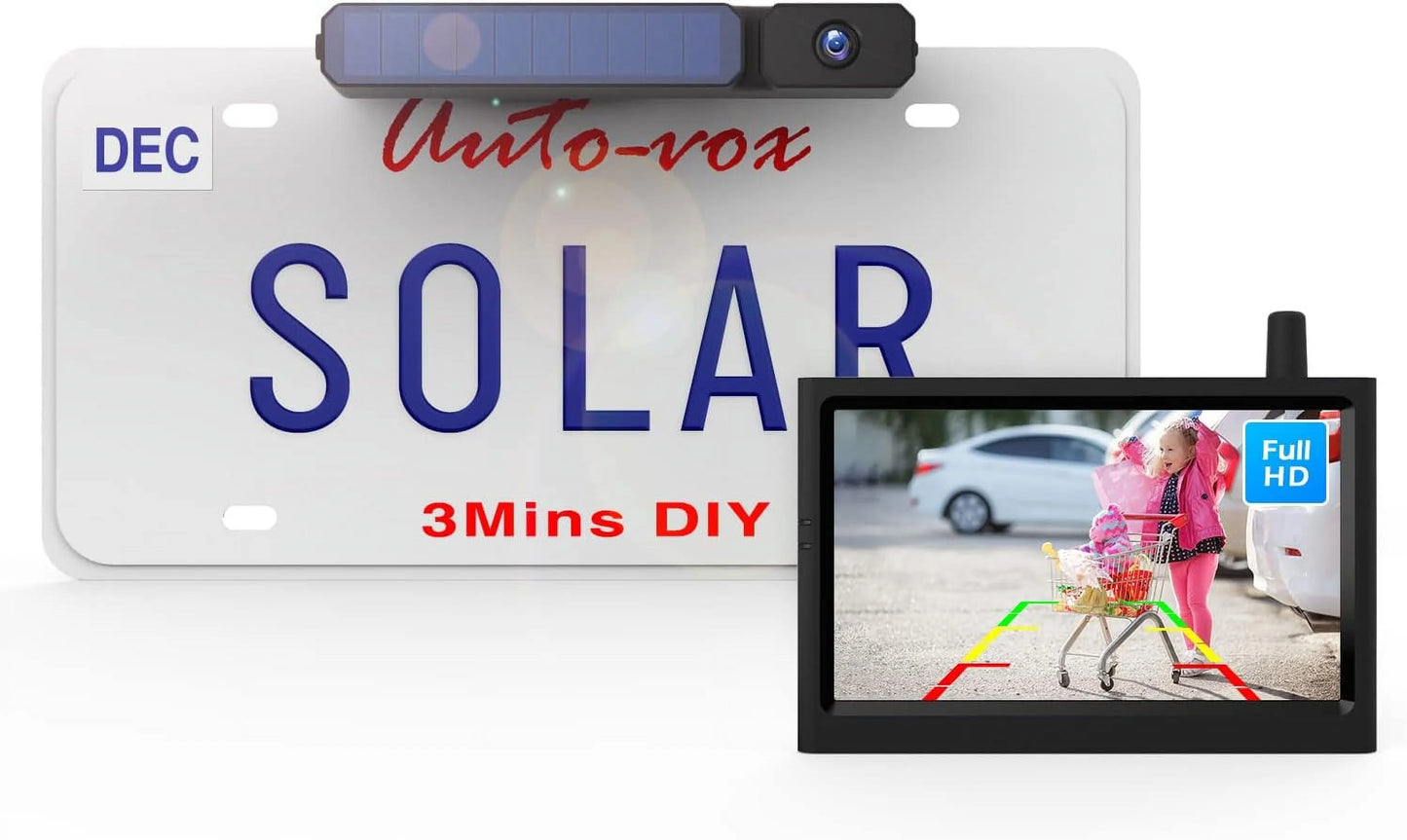 AUTO-VOX Solar Backup Camera Wireless Reverse Camera IP68 Waterproof Vehicles License Plate Camera for Trailer/SUV