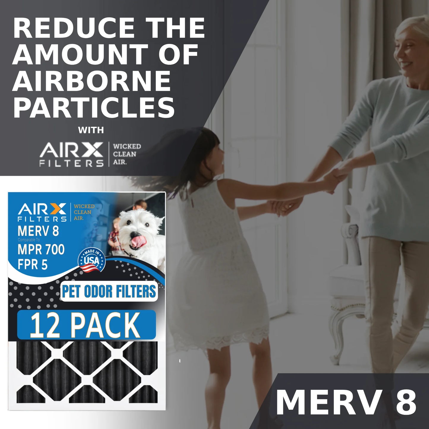 14x14x1 Air Filter MERV 8 Rating, 12 Pack of Furnace Filters Comparable to MPR 700, FPR 5, Pet Odor Retention Filters - Made in USA by AIRX FILTERS WICKED CLEAN AIR.