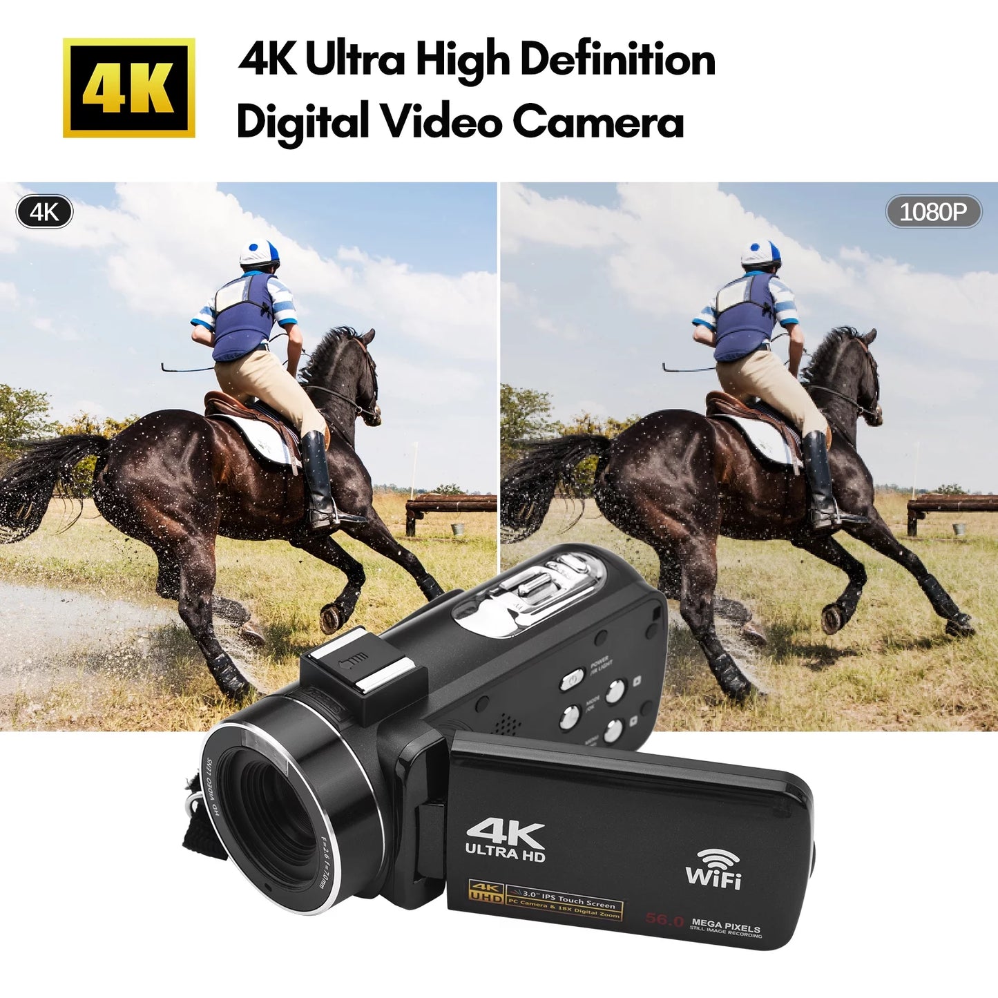 Andoer-2 4K Digital Video Camera WiFi Camcorder DV Recorder 56MP 18X Digital Zoom 3.0 Inch IPS Touchscreen Supports Face Detection IR Night Vision -shake with 2pcs Batteries + Remote Control + Carry