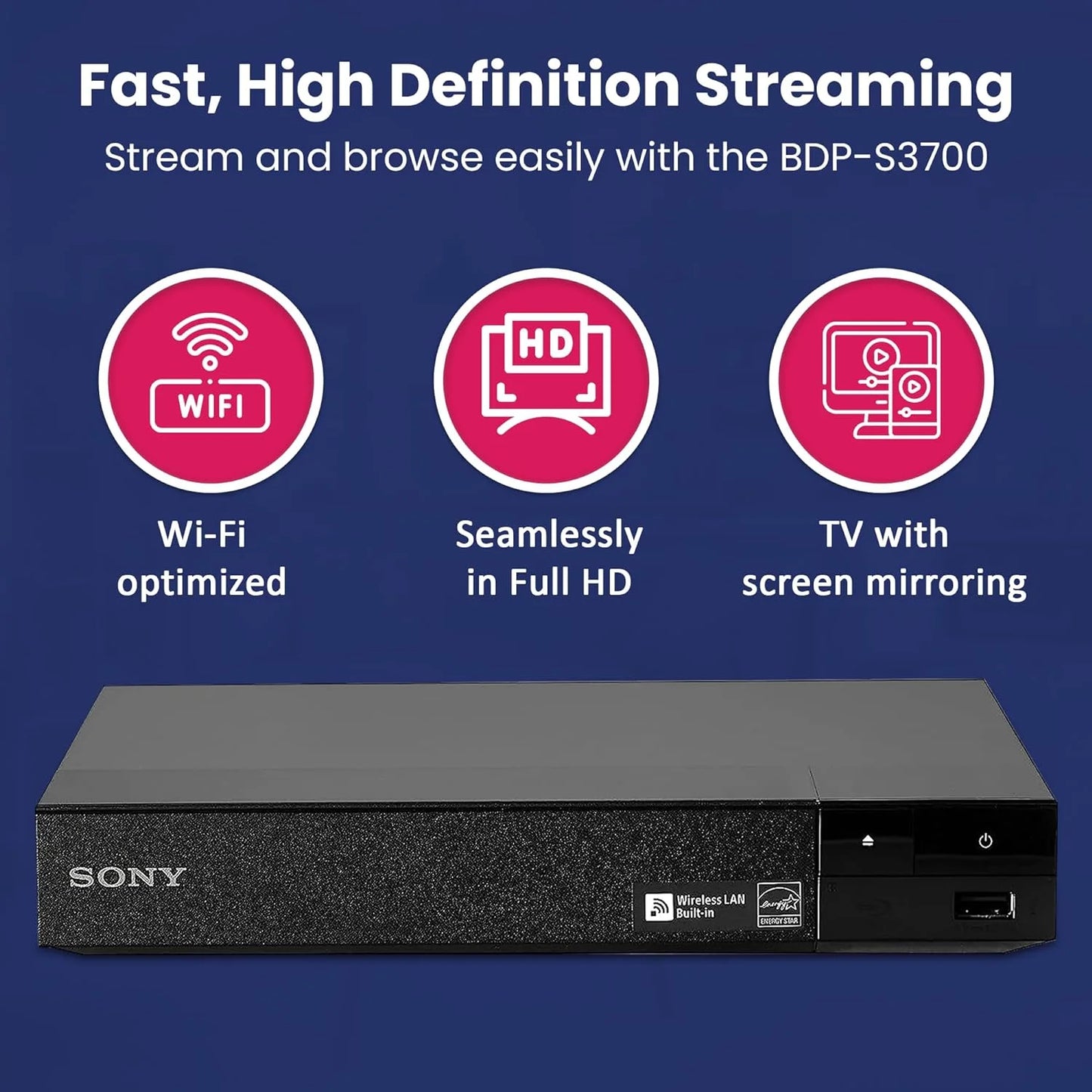 Sony BDP-S3700 Blu-Ray Disc Player with Built-in Wi-Fi - Netflix, You Tube + Remote Control + NeeGo High-Speed HDMI Cable W/Ethernet NeeGo Lens Cleaner