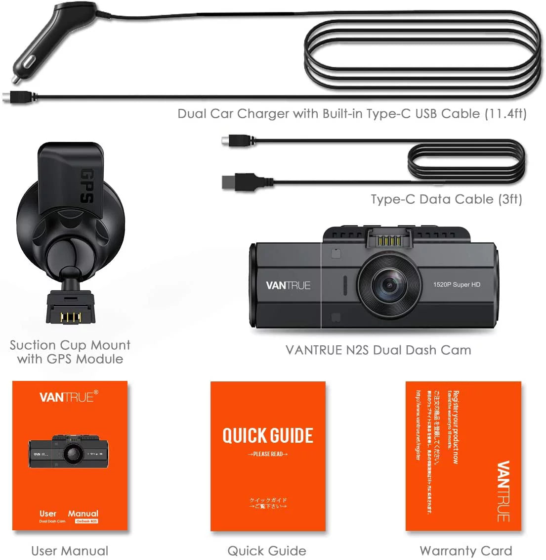 Vantrue N2S 4K Dash Cam | Front and Inside Dash Camera w/ GPS | Infrared NV