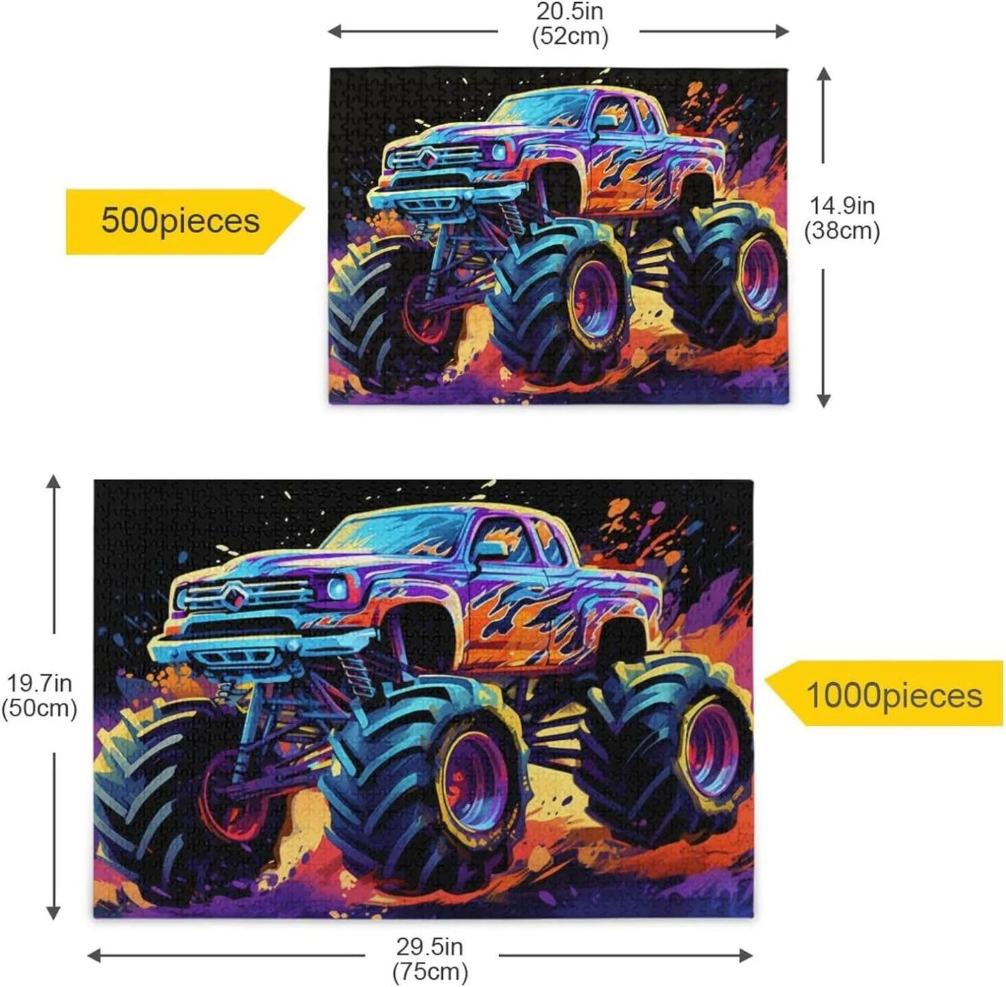 500 PCS Neon Monster Truck Jigsaw Puzzle, Paper Wood Composite Material Zigsaw with Storage Bag, Puzzle for Adults, Fun Challenging Brain Exercise Family Game Gift for Kids Friends Parents