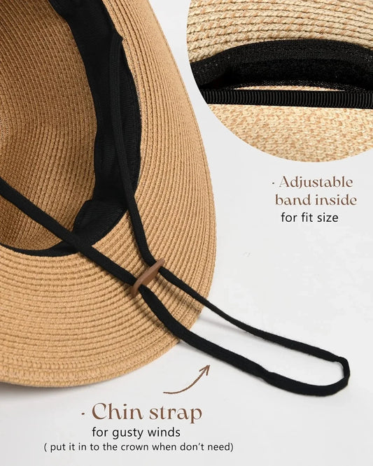 Womens Mens Wide Brim Straw Panama Hat Fedora Summer Beach Sun Hat UPF Straw Hat for Women