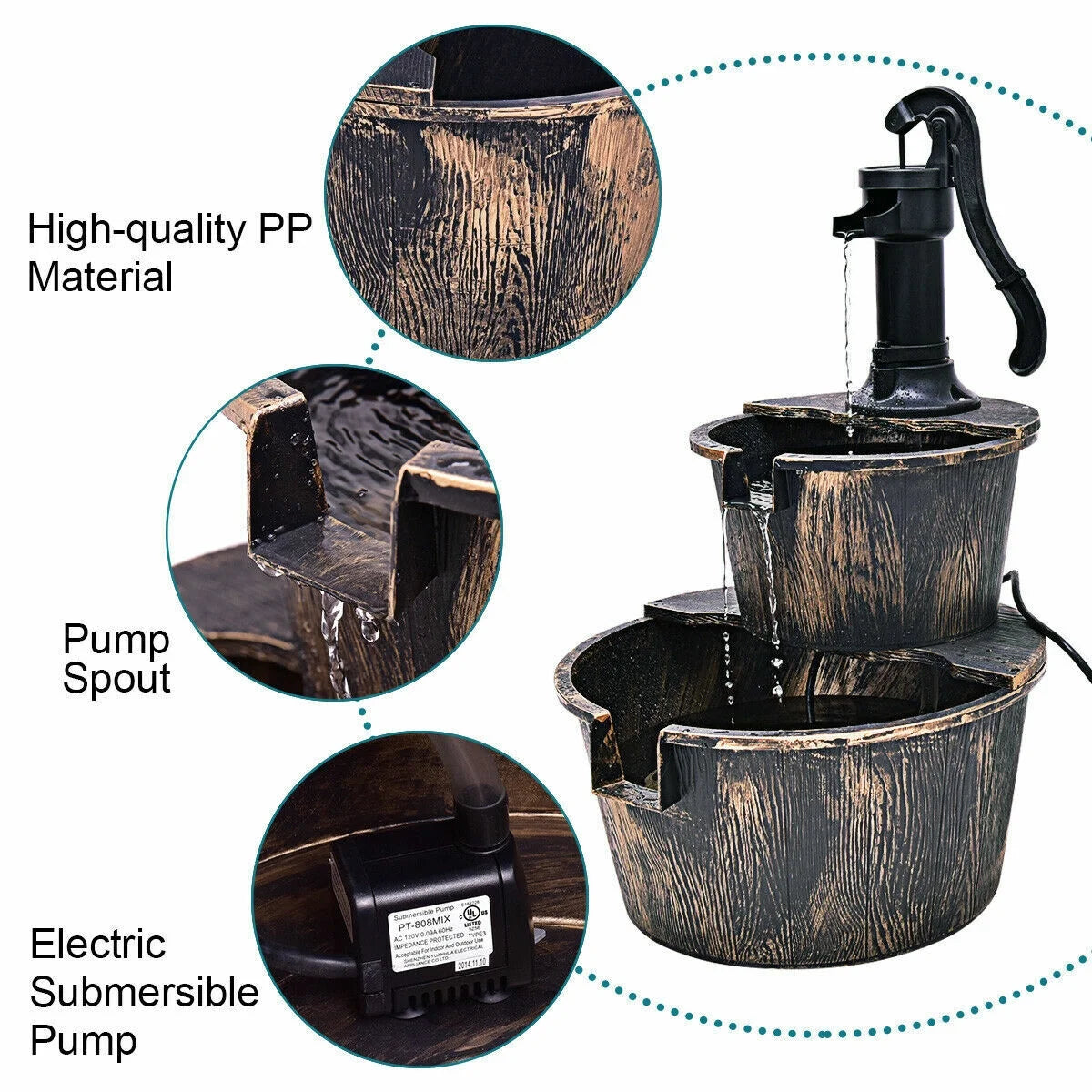 2-Tier Barrel Waterfall Fountain with Pump | Outdoor Garden Barrel Water Fountain