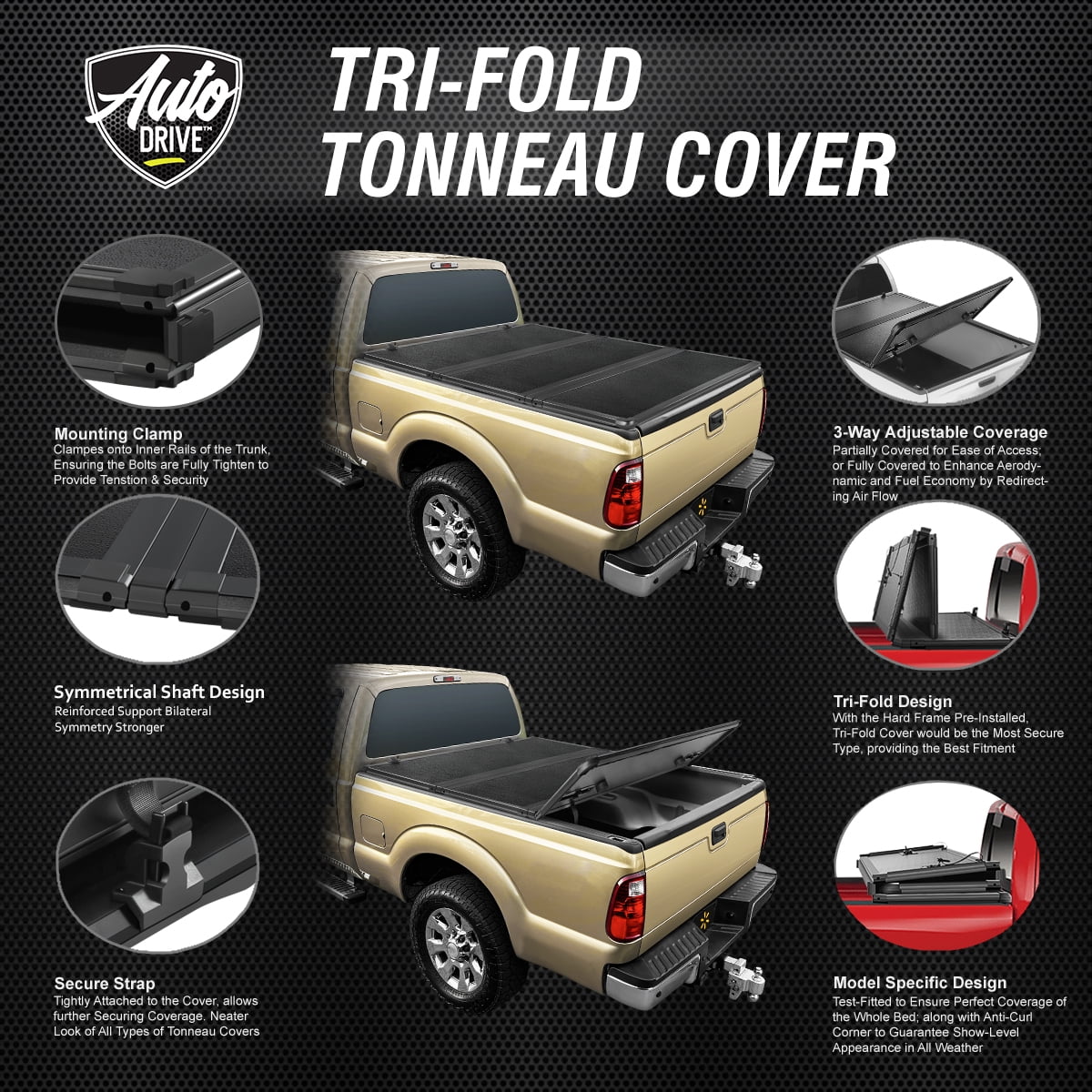 Auto Drive Hard Tri Fold Truck Bed Tonneau Cover Fits 09-18 Dodge Ram 1500 / 10-22 Dodge Ram 2500 3500 6.5Ft Bed