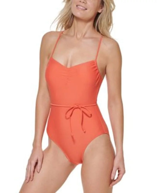 Tommy Hilfiger Women's Crisscross Back Tie-Belt One Piece Swimsuit Orange Size 16