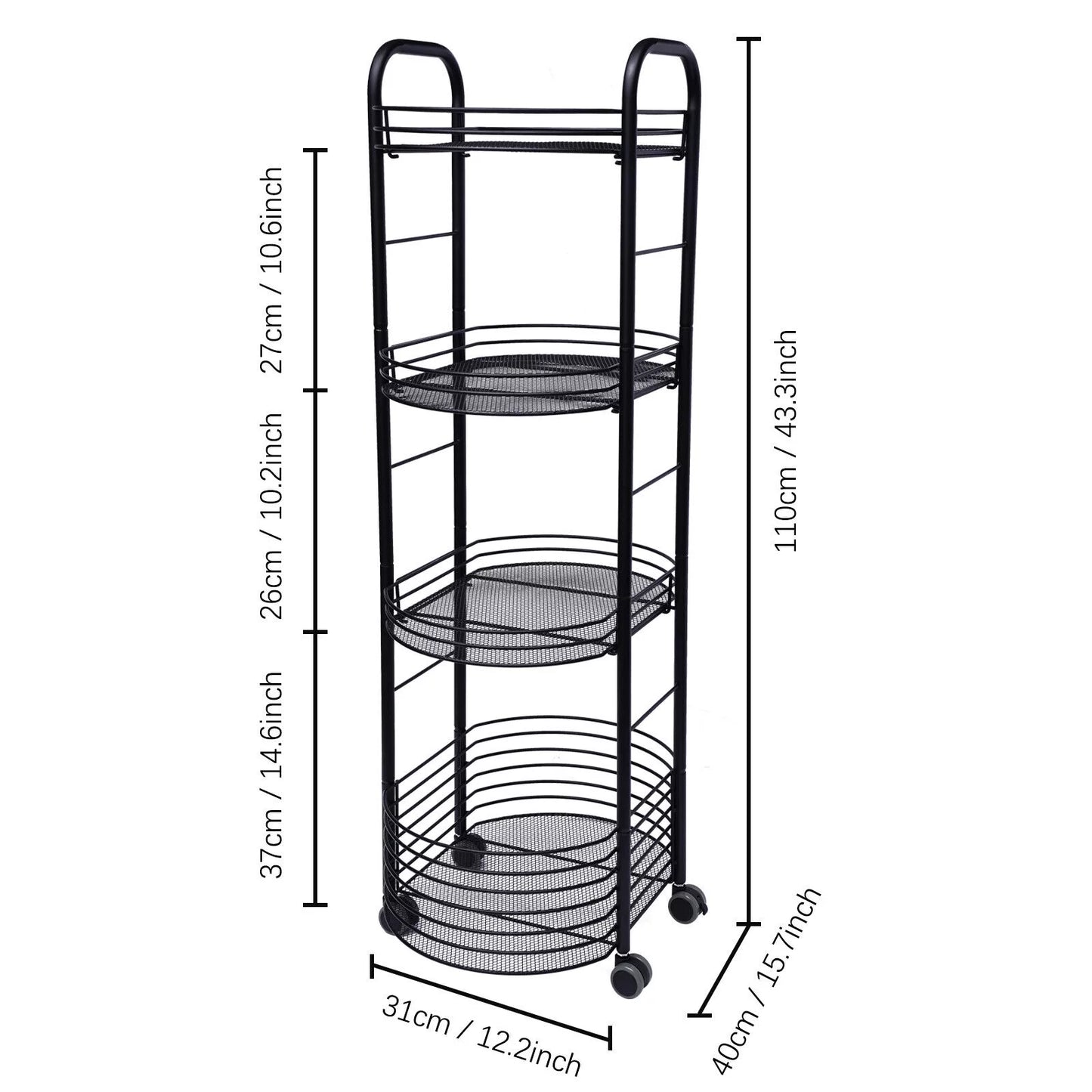 4 Tier Rolling Cart, Kitchen Storage Organizer Utility Cart, Metal Basket Storage Art Trolley Carts with Wheels, Black