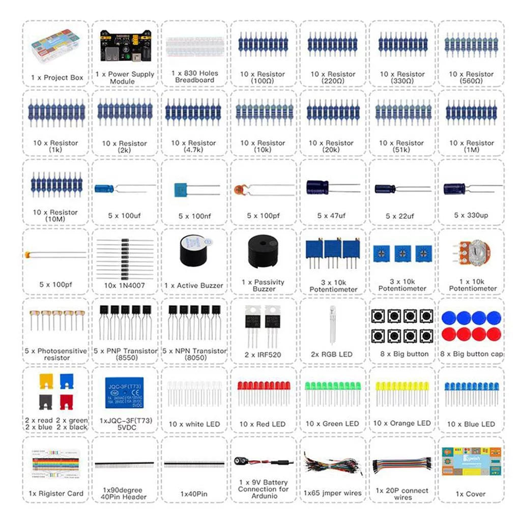 Basic Starter Breadboard, wires,Resistors, for