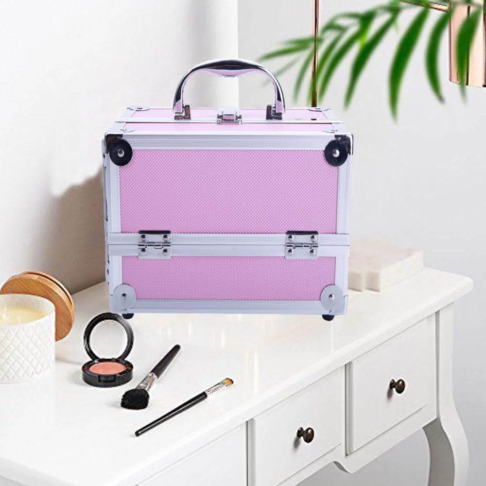 Zimtown Portable Aluminum Makeup Storage Case Train Case Bag with Mirror Lock Silver Jewelry Box Pink