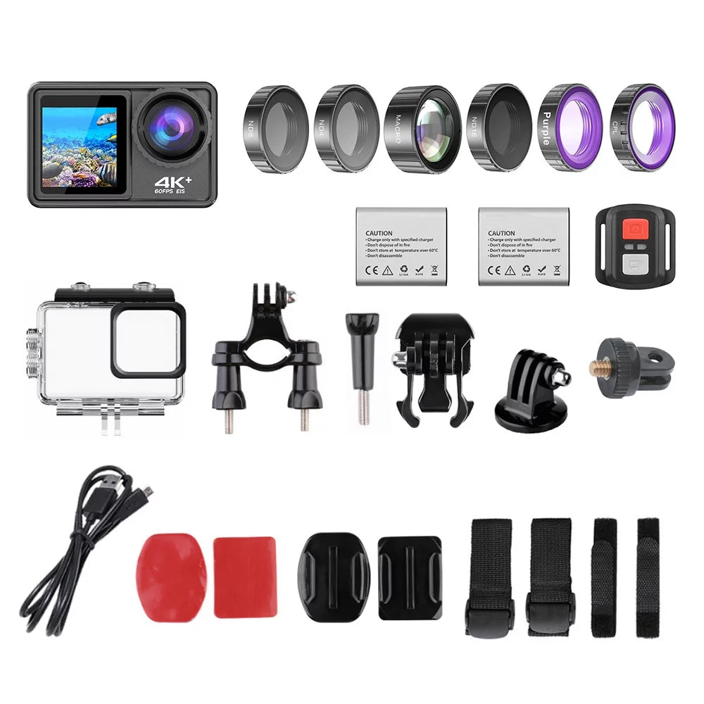 4K 24MP Dual Screen Sport Camera DV Camcorder 2.0 Inch Screen 170° Wide Angle EIS 40m Waterproof WiFi with Macro CPL ND4 8 16 Purple Lens for Outdoor Sports