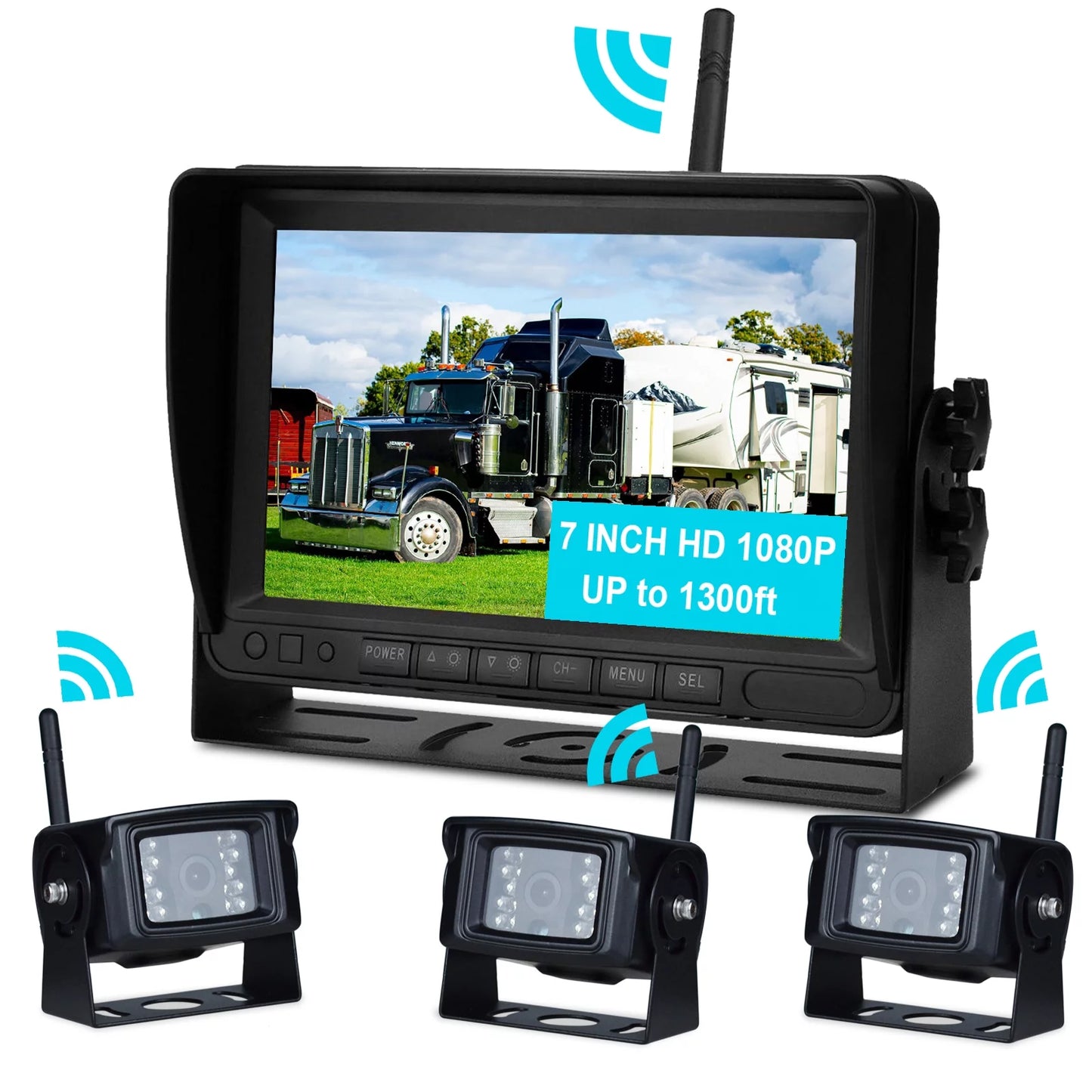 7" Display AHD 1080P Wireless 3CH Rear View Backup Camera Kit for Truck Trailer