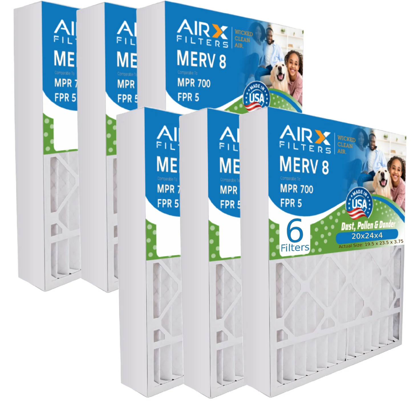 20x24x4 Air Filter MERV 8 Comparable to MPR 700 & FPR 5 Electrostatic Pleated Air Conditioner Filter 6 Pack HVAC AC Premium USA Made 20x24x4 Furnace Filters by AIRX FILTERS WICKED CLEAN AIR.