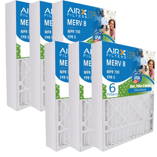 20x24x4 Air Filter MERV 8 Comparable to MPR 700 & FPR 5 Electrostatic Pleated Air Conditioner Filter 6 Pack HVAC AC Premium USA Made 20x24x4 Furnace Filters by AIRX FILTERS WICKED CLEAN AIR.