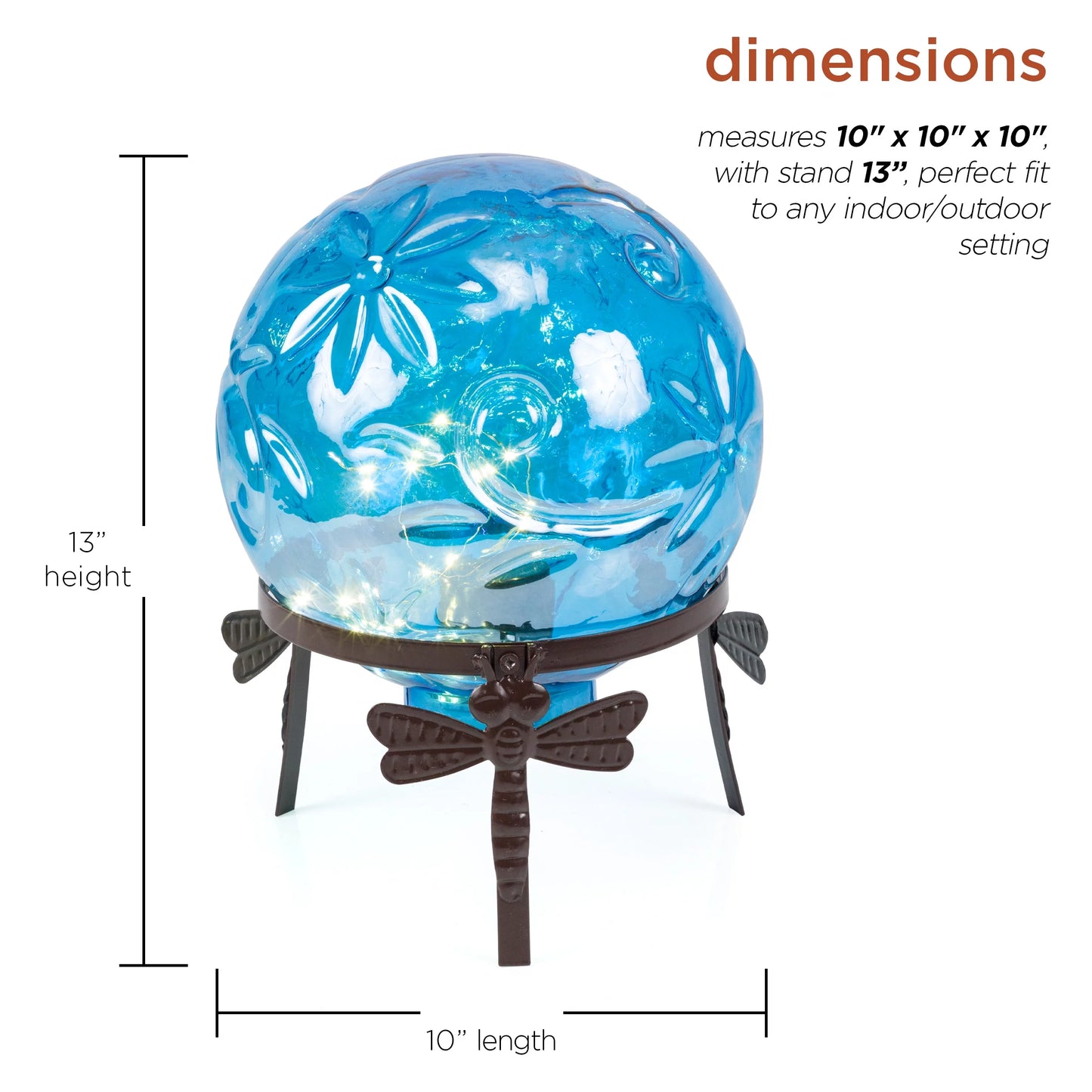 Alpine Corporation 10" W x 10" L x 13" H Embossed Glass Light-up Gazing Globe, Blue