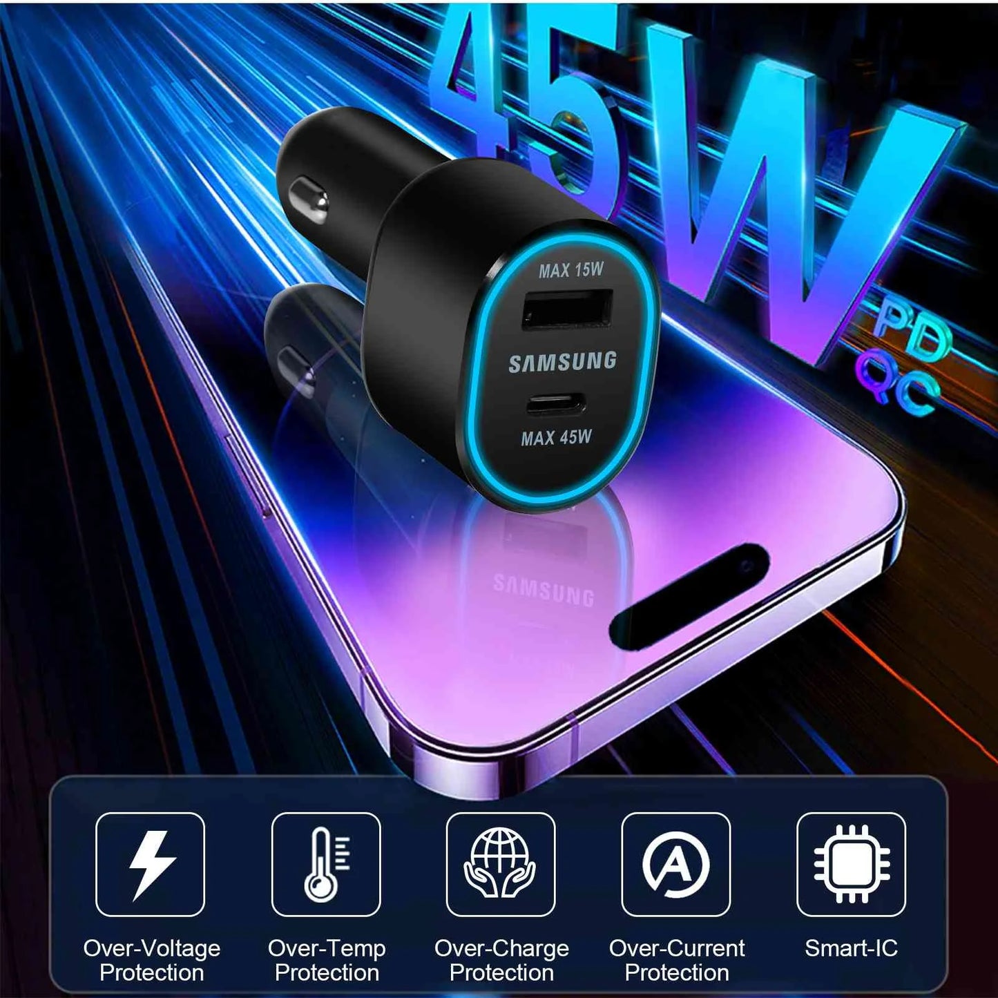 Super Fast Dual Car Charger Usb (45W+15W) Two Ports EP-L5300 Black for Legion Y700