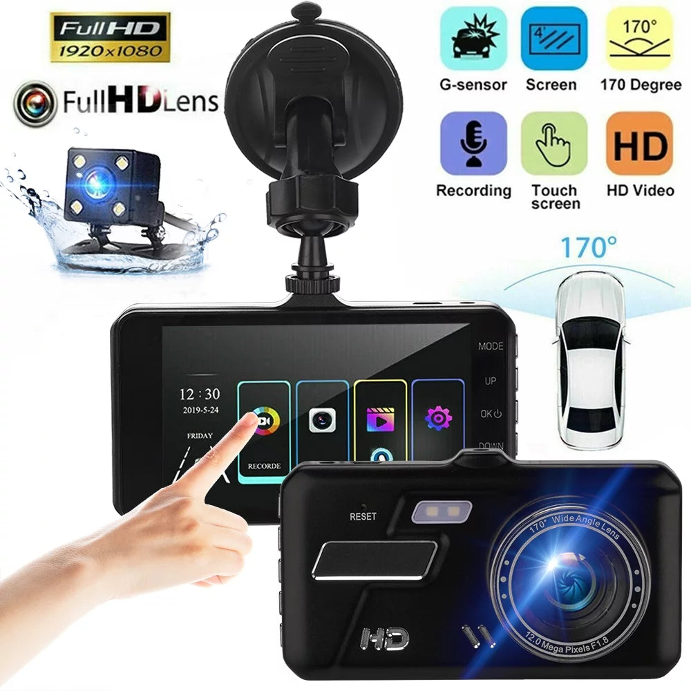 Xhy Touch Screen Car Dash Cam 4" 1080P HD Dual Lens DVR Front and Rear Video Camera Driving Recorder G-Sensor, Motion Detection and Parking Monitoring