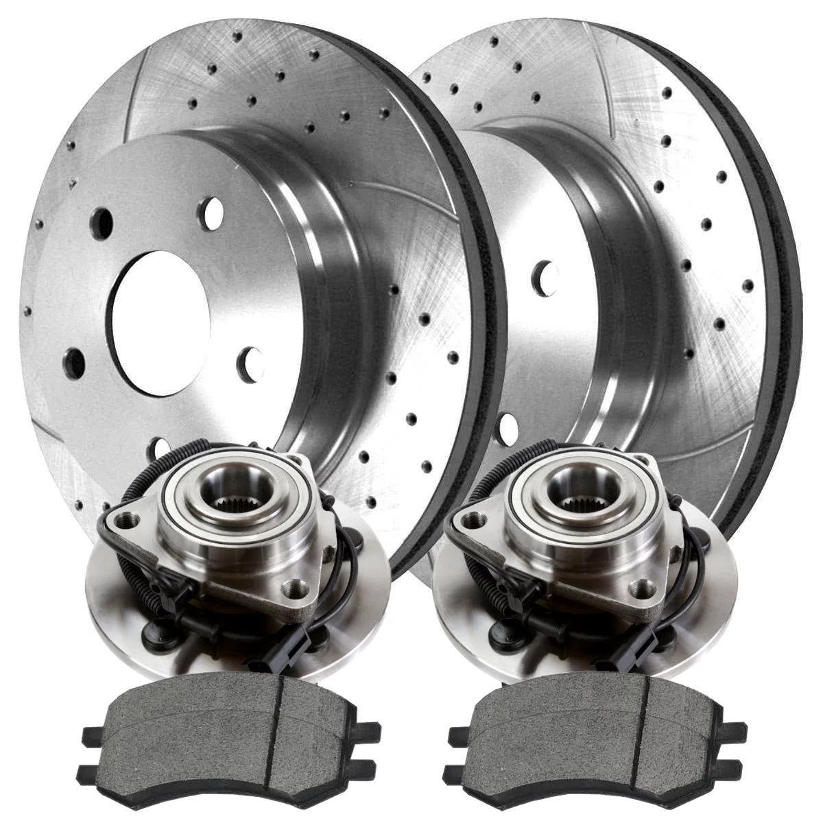 AutoShack Front Wheel Bearing Hubs Drilled Slotted Rotors Silver Ceramic Pads Kit Driver and Passenger Side Replacement for 2009 2010 2011 Ram 1500 3.7L 4.7L 5.7L V6 V8 4WD RWD RHBBK0747