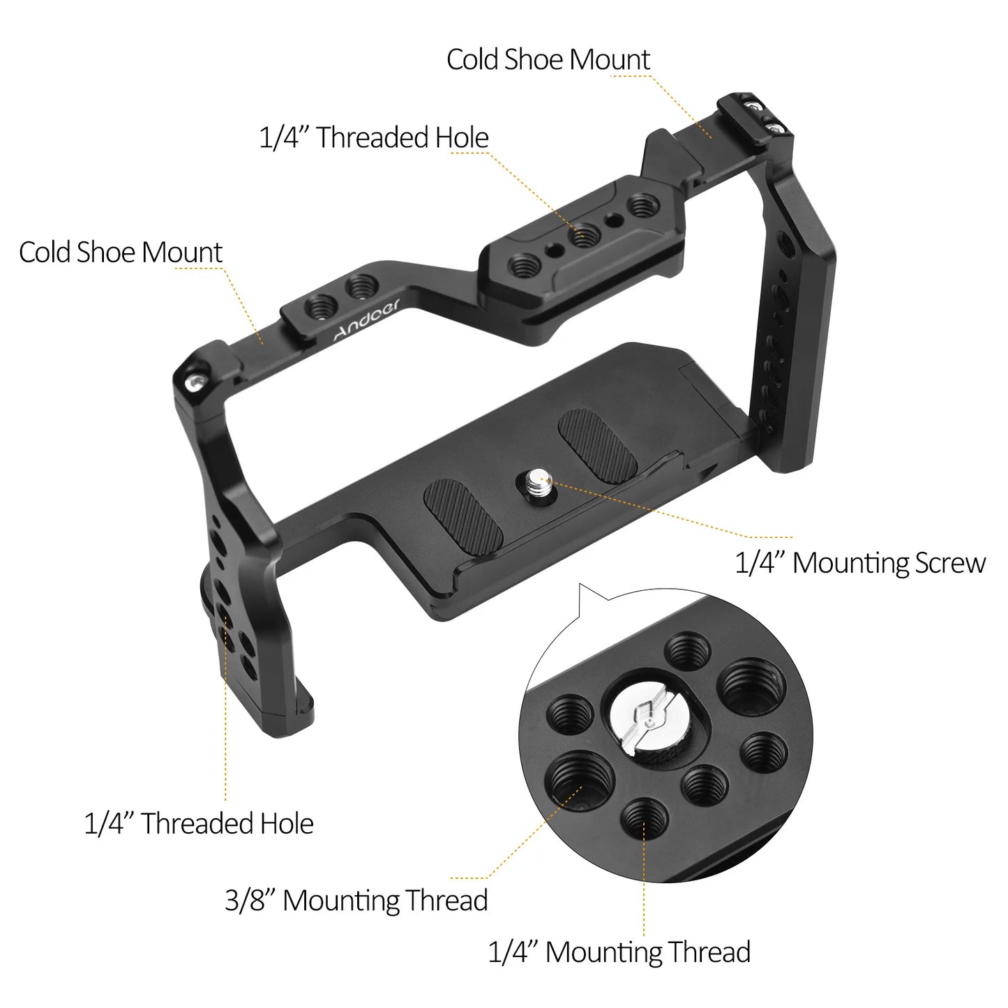 Andoer 2 Camera Cage, Aluminum Alloy Video Cage with Dual Cold Shoe Mounts, Sony A7R III/ A7R II/ A7S II Compatibility