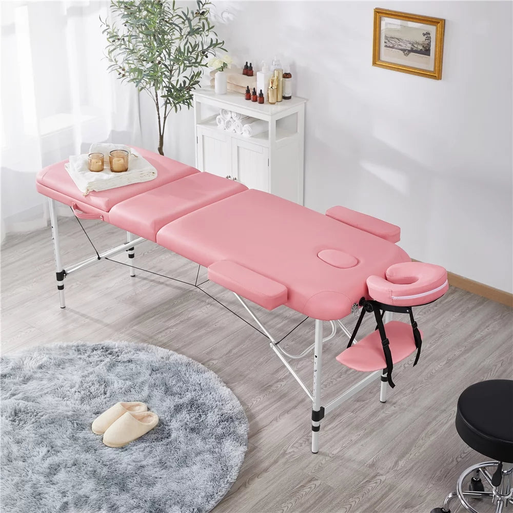 Yaheetech 84'' Adjustable Massage Bed, Massage Equipment, 3-Fold Massage Couch, Portable Salon Bed Alloy Spa Table with Backrest/Headrest/Armrest/Hand Pallet, Pink