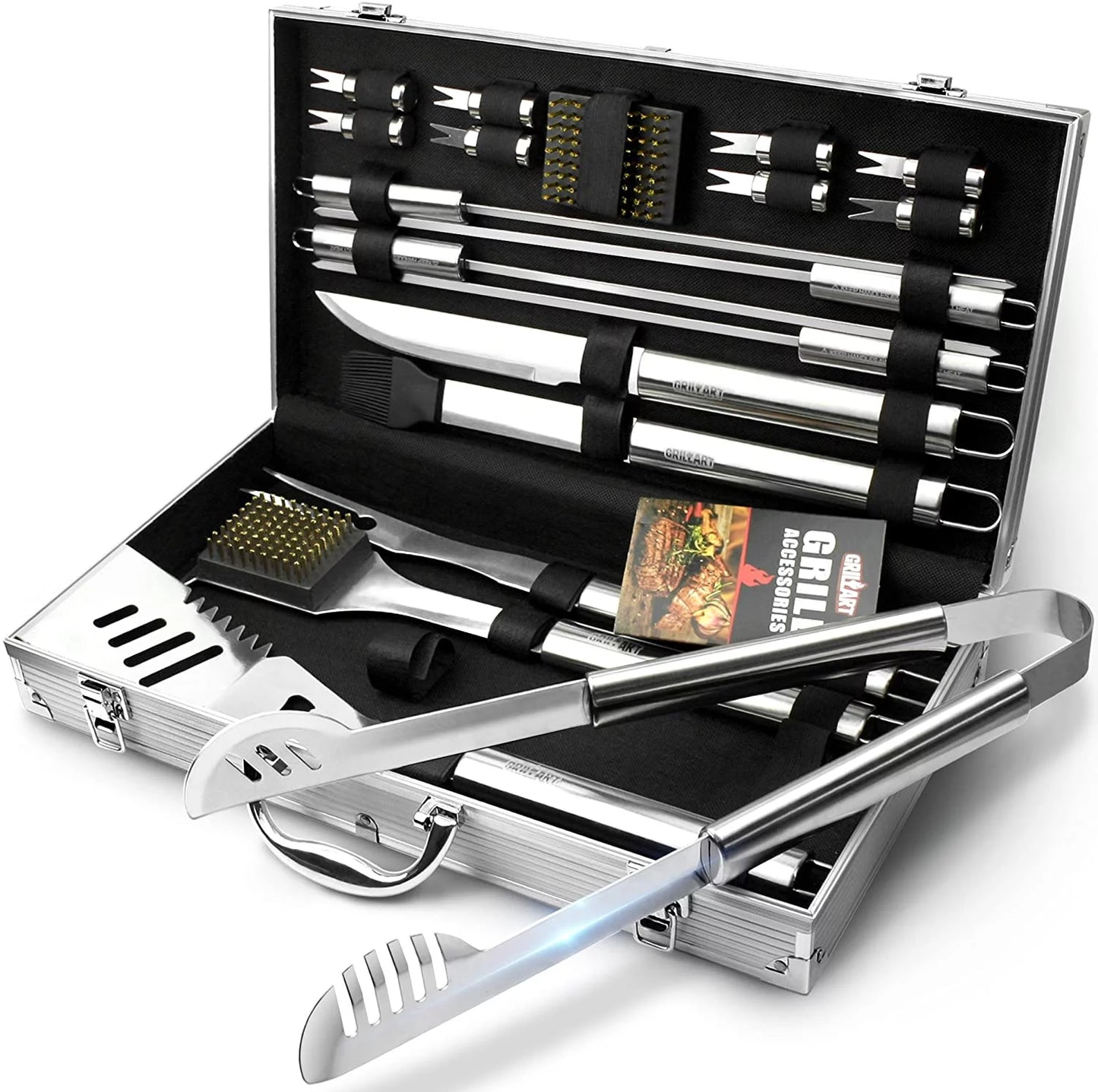 BBQ Grill Utensil Tools Set Reinforced BBQ Tongs 19-Piece Stainless-Steel Barbecue Grilling Accessories with Aluminum Storage Case -Complete Outdoor Grill Kit for Dad, Birthday Gift for Man