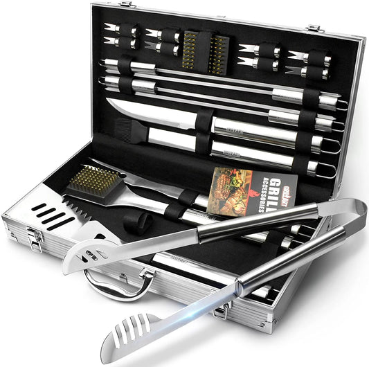 BBQ Grill Utensil Tools Set Reinforced BBQ Tongs 19-Piece Stainless-Steel Barbecue Grilling Accessories with Aluminum Storage Case -Complete Outdoor Grill Kit for Dad, Birthday Gift for Man