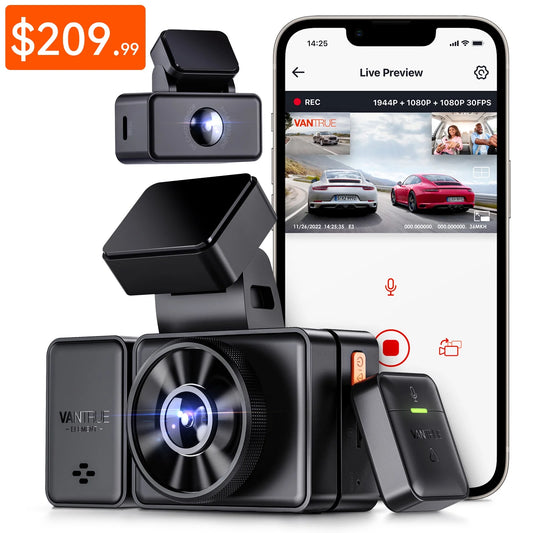 Vantrue E3 3 Channel 2.5K WiFi Dash Cam Front and Rear Inside, 3 Way Triple GPS Dash Camera 1944P+1080P+1080P with STARVIS IR Night Vision, Voice Control, 24 Hours Parking Mode, Support 512GB Max