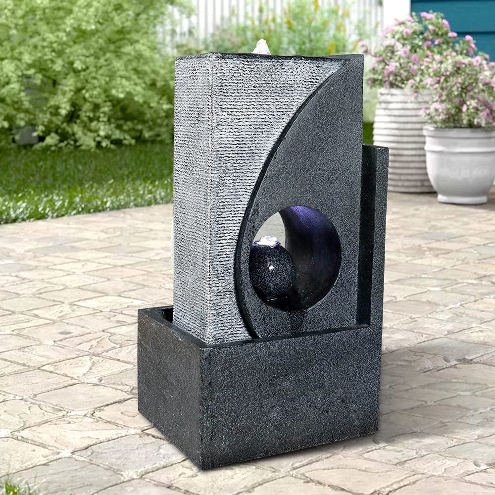 Sportaza 24.4inches Cascading Water Fountain with Led Lights Indoor/Outdoor Modern Sphere & Column Water Feature for Office Home Garden Patio Decor