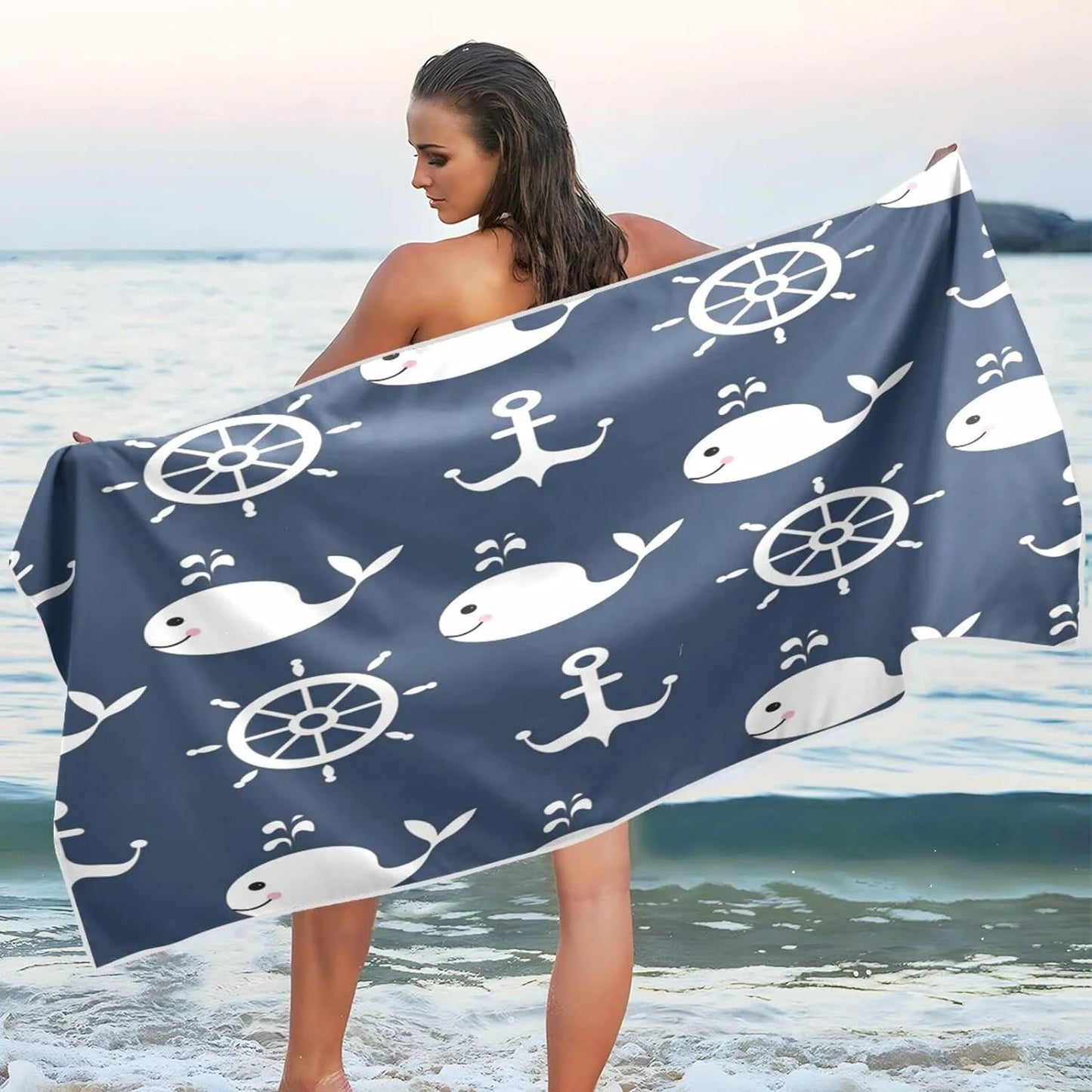 Bestwell Retro Cartoon Whale Anchor Beach Towel - Super Absorbent Oversized Travel Towels - Lightweight Compact Quick Dry Towel for Swimming Camping Holiday （429）