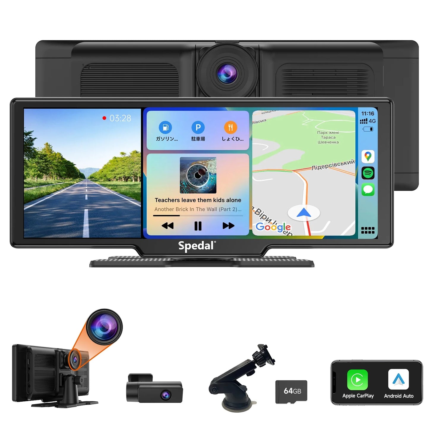 Spedal CL860 Portable CarPlay Screen with 4K Dash Cam Front and Rear- 9.3" Wireless Apple CarPlay ＆Android Auto Car Stereo Bluetooth GPS Navigation Head Unit Car Stereo Receivers 1080p Rear Camera