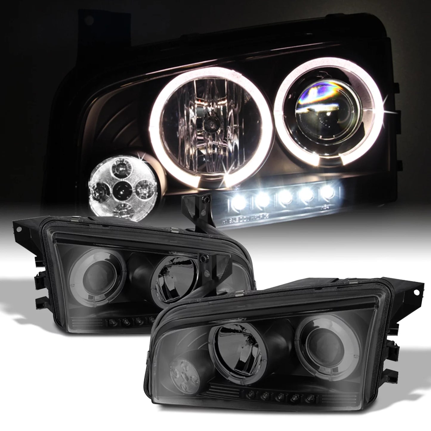 AKKON - [LED Tail + Headlights]Fits 2006-2008 Dodge Charger Dual Halo Headlights + Tail Lights in Black Smoke Housing