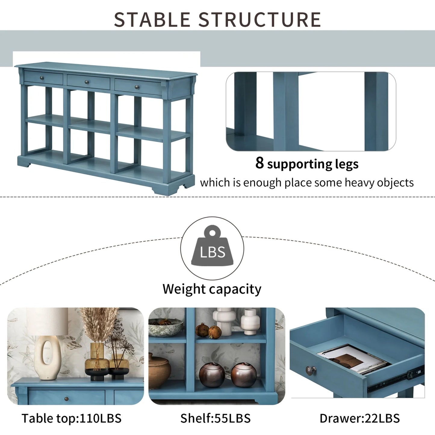 TREXM Retro Console Table/Sideboard with Ample Storage Open Shelves and Drawers for Living Room (Navy OLD SKU WF298765AAM)