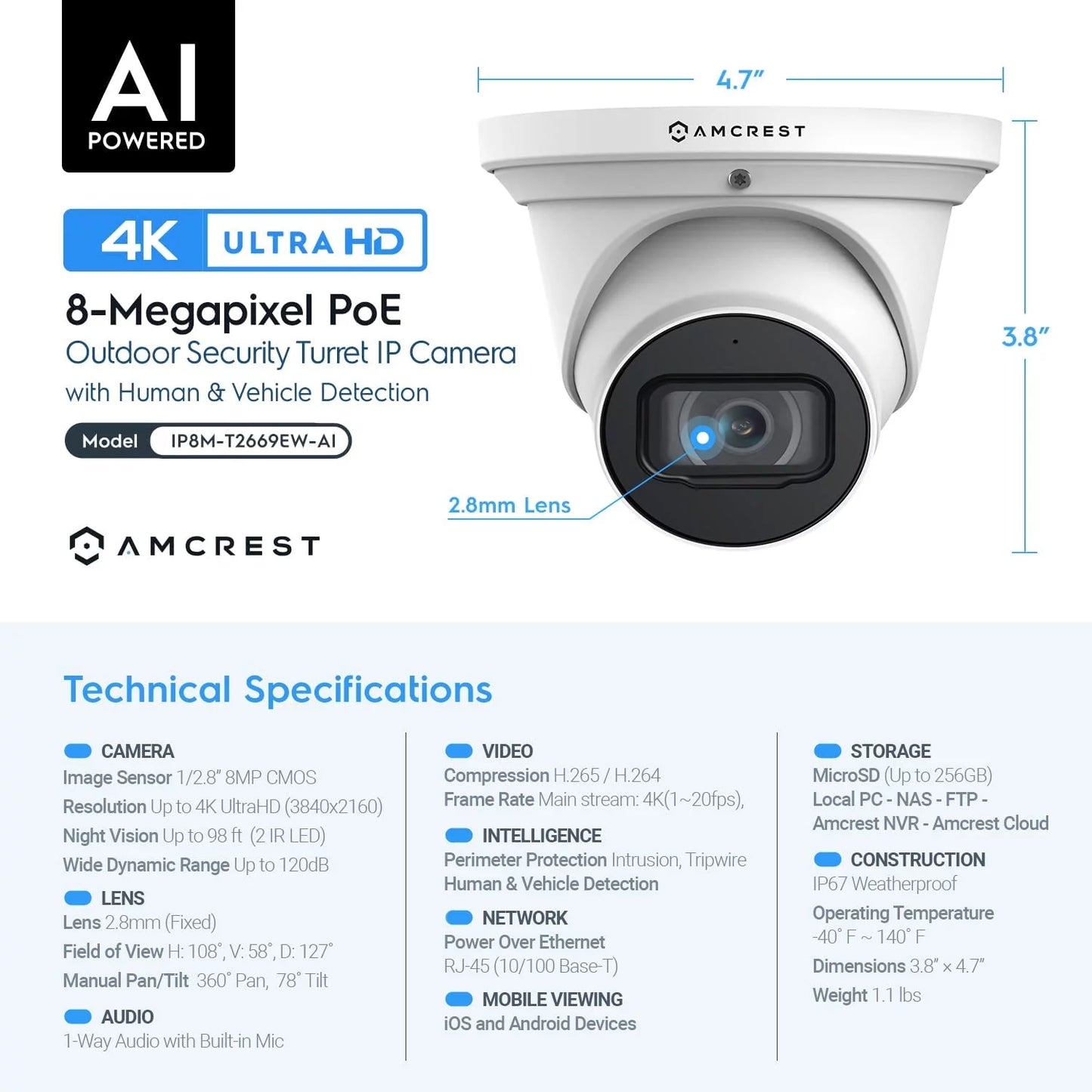 Amcrest 4K POE Camera AI Human/Vehicle Detection, UltraHD 8MP Outdoor Security Turret POE IP Camera, 3840x2160, Wide Angle, IP67 Weatherproof, MicroSD, Built in Mic, White (IP8M-T2669EW-AI) (Secondhand)