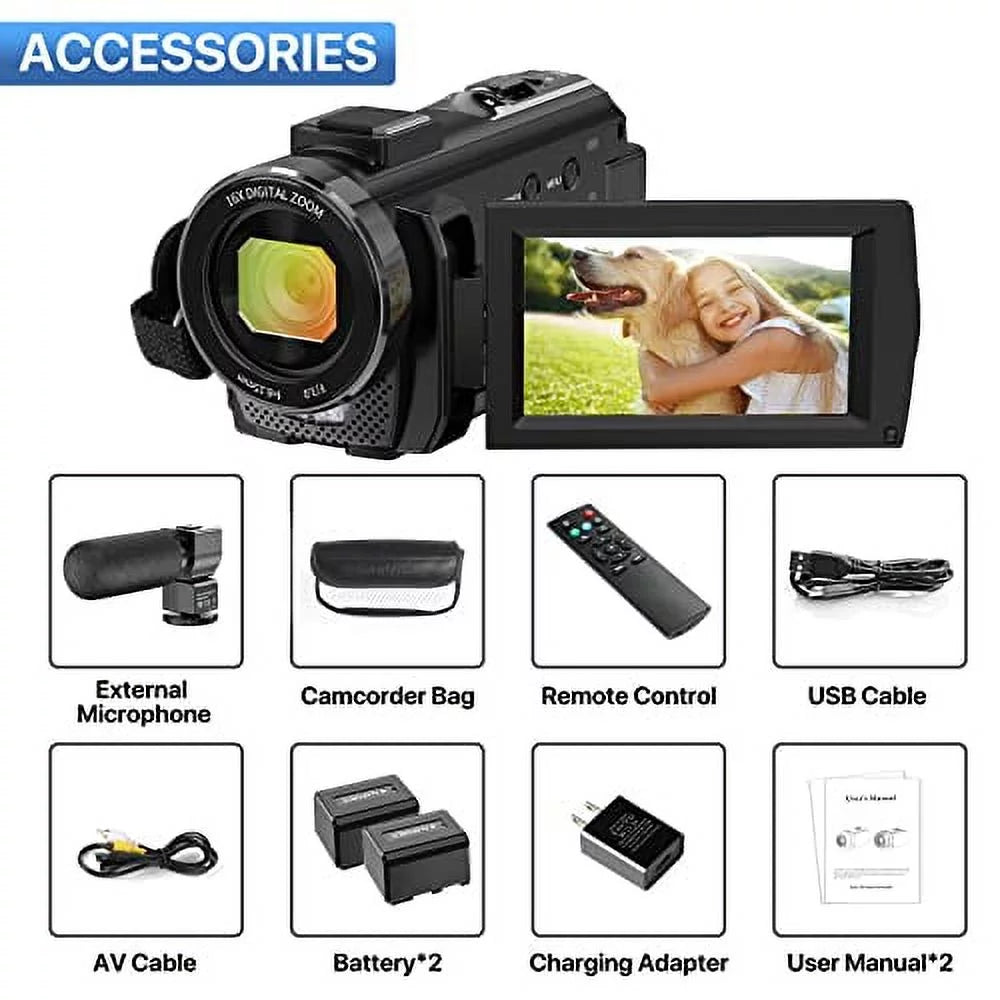 Video Camera Camcorder WiFi IR Night Vision FHD 1080P 30FPS YouTube Vlogging Camera Recorder 26MP 3.0'' Touch Screen 16X Digital Zoom Camcorder with Microphone,Remote and 2 Batteries