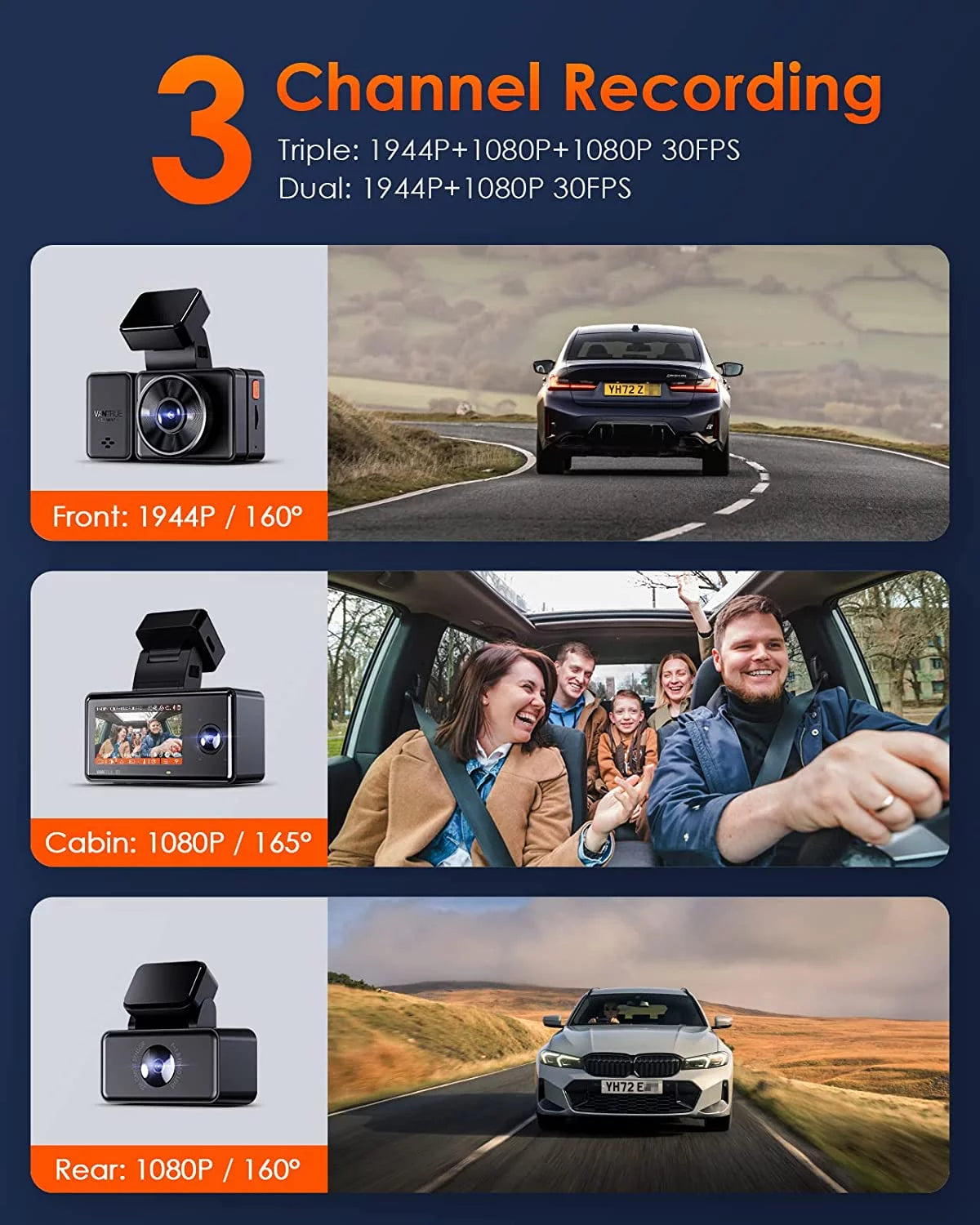 Vantrue E3 3 Channel 2.5K WiFi Dash Cam Front and Rear Inside, 3 Way Triple GPS Dash Camera 1944P+1080P+1080P with STARVIS IR Night Vision, Voice Control, 24 Hours Parking Mode, Support 512GB Max