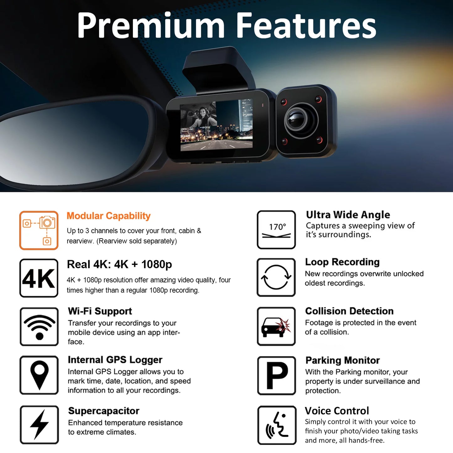 V5C Dash Cam Front 4K & 1080p Cabin Camera w/ Modular Capabilities, Wi-Fi, and GPS