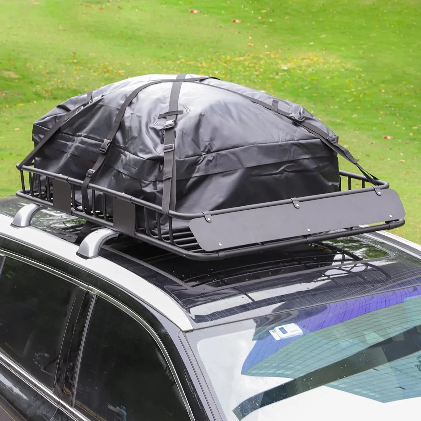 Thten Heavy Duty 64"x 39" Roof Rack, Rooftop Cargo Carrier Basket with Waterproof Bag, Tie Down Strap, Net, Rack Extension and Car Top Luggage Holder for SUV, 150lb Capacity, Steel Construction