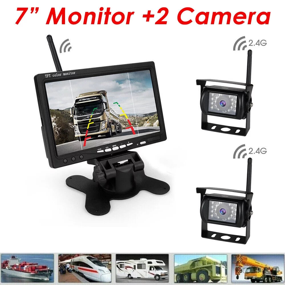 Backup Camera with Monitor Kit, 2pcs Waterproof 18 IR LED Night Vision Reverse Camera + 7" Rear View Monitor Vehicle Parking System for RV Bus Trailer Truck