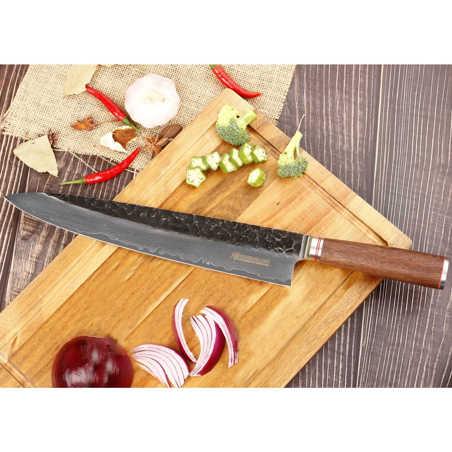 YOUSUNLONG Chef Knife 12 inch - Pro Gyuto Japanese Hammered Damascus Steel Natural Walnut Wooden Handle with Leather Sheath